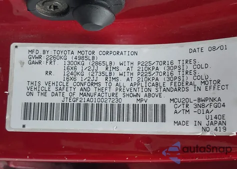 2001 Toyota Highlander V6 z USA, uszkodzony, nr VIN JTEGF21A010027230